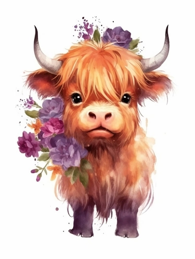 realistic watercolor cute baby highland cow and purple flowers floral bouquet, full body, white background, children book illustration, 8k, ultra detailed clipart, warm colors