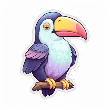 full body, cute toucan with eye closed and glitter eyelashes, kawaii style sticker, cartoon, vector. illustration, clip art, hand drawn, white background, soft colors