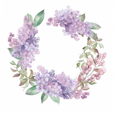 watercolor lilac wreath on white background, in the style of muted and subtle tones, intricate floral arrangements, uhd image, subtle realism, asymmetrical framing, fawncore, wedding clipart, floral accents, no background