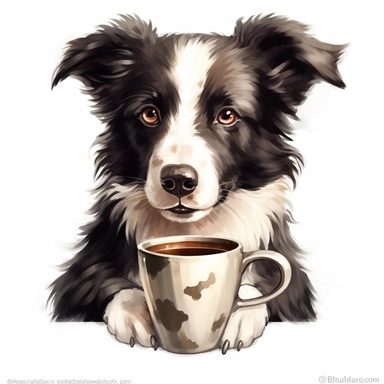 clipart of a border collie holding a cup of coffee on a white background