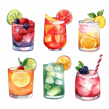 Create 4 design water color Cocktail Clipart, summer drink,wine glass,gobletWater Color Cocktail Clipart Pack, Wine glass, goblet,Alcohol drinks Clipart , Cocktail illustrations, Digital Art Collection,summer drinks, seperate clipart, isolated with white background, split diagram