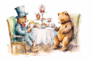 Design a watercolor clipart of a teddy bear wearing a fancy hat and serving tea to other teddy bears at a small table, set against a backdrop of a cozy living room, in the style of delicate watercolor strokes, viewed from a side view perspective, hd, spaced out, on a white background