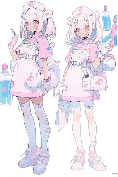 full body,character design,white hair,a cute nurse dressed in cute nurse attire with Cute hair clip,sparkling,very nice face, Needle cartridge, medicine bottle, Tablets, Scalpel,ghostaccessories reference sheet,hand movement,rich detail,vivid color,blue pink,anime,flat,risographa,cute,best quality