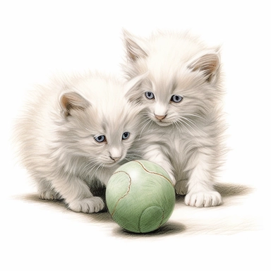 2 fuzzy long haired white kittens playing with a ball , color pencil sketch on a white background for clipart
