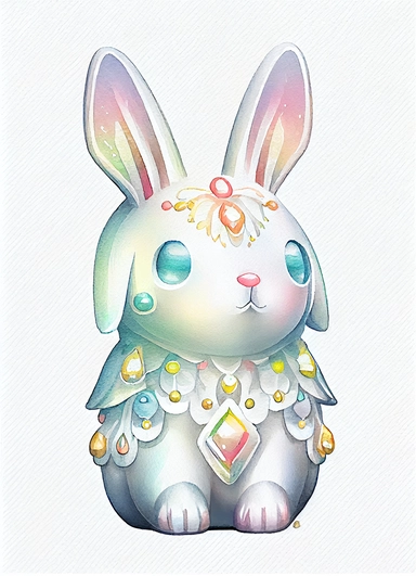 white iridescent easter kawaii bunny with pretty jewels, chinese new year, watercolor, symetrical, clipart on white background