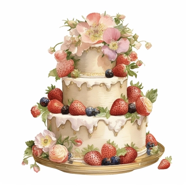 watercolor vintage style strawberry wedding cake with couple of fruits and pastel flowers clipart, vintage strawberry wedding cake cake, couple of blueberry, couple of blackberry, light gold and light bronze wedding flowers, strawberries, vibrant colors, 1960, vintage, watercolor, realistic drawing in storybook illustration, pencil drawing by Angela Barrett, Elsa Beskow, ultrafine detailed, highly detailed, high resolution, 8K, white background