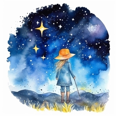 Watercolor, Strolling through the starry sky, fantasy stars, light,clipart on black background