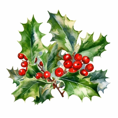 Festive Holly Arrangement Watercolor Art, Beautiful Realistic Clipart, Vibrant Colors, Creative Artistic, Emotional, Detailed, Isolated white background