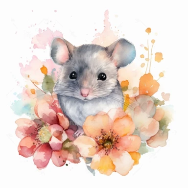 mouse and flower Watercolor Clipart Underwater World Watercolor Art Baby mouse Watercolor Cute Baby Animal Watercolor Clipart high quality, white background