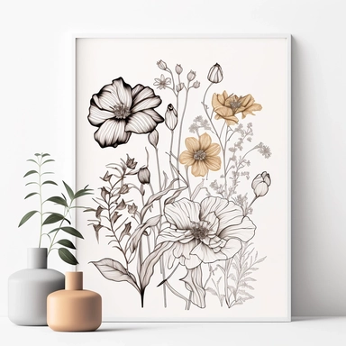 flower line art print, flower wall art, floral clipart, floral print, botanical print, floral png, summer clipart, digital png, white background