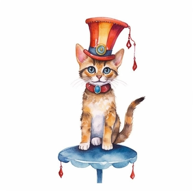 cute Abyssinian cat in circus costume watercolor illustration, in the style of watercolor illustrations,funny, energetic,ben wooten style, sharp focus throughout, aquarellist, charming illustrations, illustration, painted illustrations, transparency and opacity,isolated white background, clipart most popular on etsy, book illustration, featured on dribble,print on demand image, PNG tranparent background,composition medium shot, no text