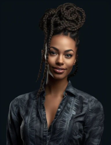 hasselblad 24 mm full body shot of a gorgeous african american woman with blue eyes, clipart, Composition: Relaxed position with intricate high hairstyle, smiling, detailed natural skin, Style: Nu-Goth, no background, hyperrealism, 32k