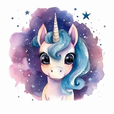 Cartoon Dreamy Unicorn Silhouette against a Starry Sky, Big Eyes, cartoon, watercolor, professional clipart, white background, neat, clean