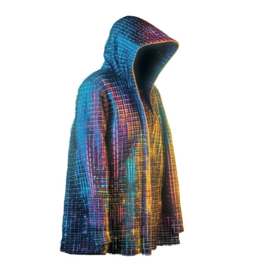 futuristic cyberpunk virtual cloak that looks made of dark pixels and neon lights., neon colors, clipart, cartoon style, grunge effect, schematic, pastel color palette, gamer item, very high quality, perfect details, ultra clear lines, isolated on white background