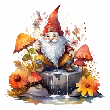 Watercolor, Gnomes Cutie cartoon, Water well garden of autumn Flower, clipart, on a white background