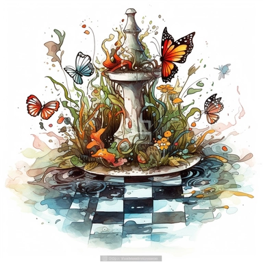 Clipart, White background. A chess piece Pond with wings and helo. Abstract, fun, expression, colorful and detailed. Lined pencil illustration, ornamental watercolor, and a simple painting one brushstroke representing breaking free spiritually. Secret garden, steampunk, studio light, quill pen. Ink splatter, air bubbles, in the style of Jan van Huysum’s paintings, with a lush arrangement of ecosystems, sunlight, surrounded by forest, play of lighting and plant whimsical captivating detail. Minim
