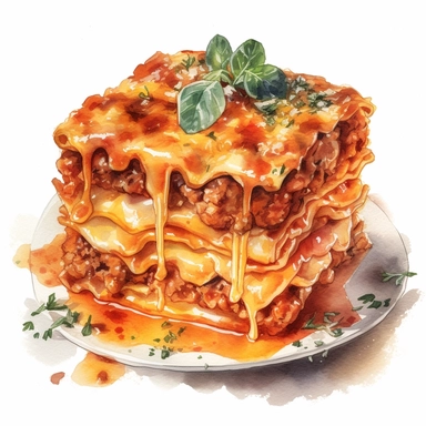 Create mouthwatering visuals of layered pasta, meaty sauce, and gooey cheese with watercolor clipart that depicts the beloved comfort food, lasagna, hyper realistic, white background
