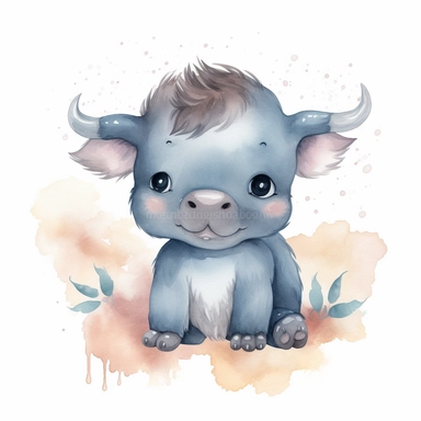watercolour Happy Baby Buffalo Cartoon Clipart, Cute, no text