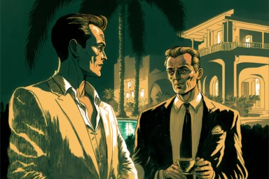 letraset clipart of handsome 40 year old men talking near a vintage, muscular man in palm springs at night, 1960's, happy, curiousity, date palms, mid century modern building, dramatic lighting, wide angle, pool