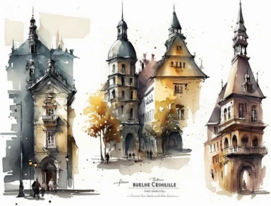 simple and loose watercolor sketches of old european towns clipart, over white bg, sharp focus, 8k, drawn by Thomas Schaller