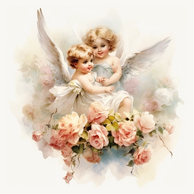 victorian styled flying baby angels with watercolour effect,beautifull wings,unrealistic , floral details , suitable for digital cliparts , fantastic scene , high quality no physical deformation, realistic features