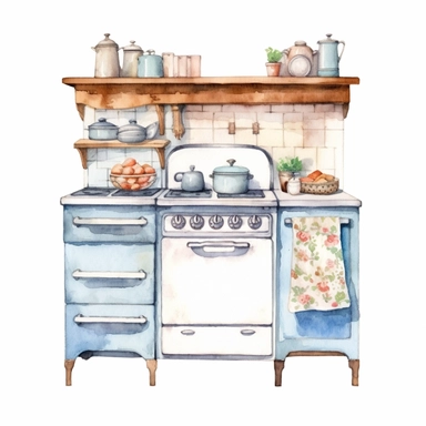 watercolor clipart, small vintage country kitchen unit in decent light colors, white background, view from front, high quality, highly detailed, sharpness