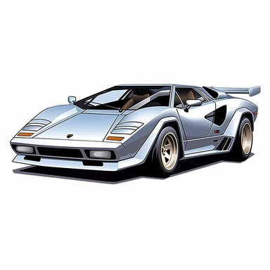 n clipart style, vector image, A meticulously crafted illustration of a silver 1975 Lamborghini Countach , highlighting its iconic design and graceful contours, placed against pure white background (style: evoking the accuracy and refinement of classic automobile blueprints) (lighting) (colors: an elegant palette for the car's body set against a pristine, white backdrop) (composition: captured from a side view or three-quarter angle using a 35mm lense ensuring enough space is between the car and