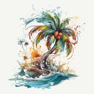 tattoo flash sheet of a majestic palm tree in painting style of Leonid afremov, island, sea waves, water splashes, white background, colorful shades, highly detailed clean, vector image, photorealistic masterpiece, professional photography, realistic, flat white background, isometric, vibrant vector, clipart, illustration, realism, 4k, surrealism, cinematic, front view, white background