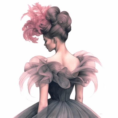 A color pencil illustration of a sophisticated fashion girl, adorned in a unique Haute Couture creation featuring oversized ruffles and dramatic feather accents, stands with her back towards us, her face obscured, showcasing a sleek chignon hairstyle. Cli