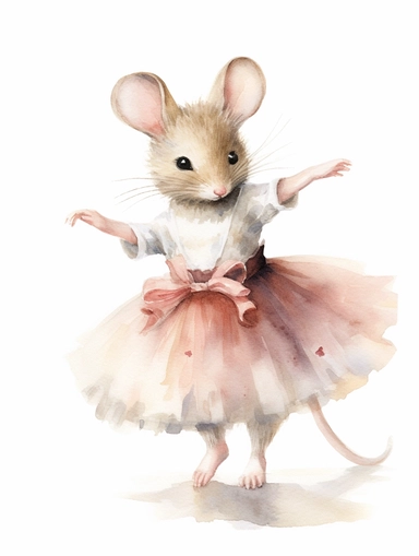 Little female Mouse watercolor clipart, wearing vintage ballet clothes, and dancing with joy , white background