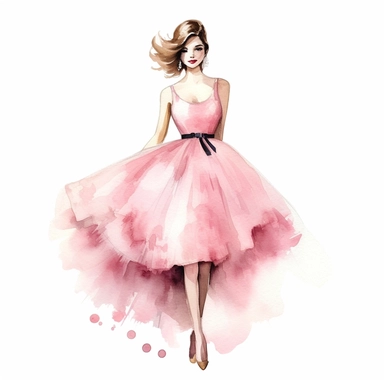 Watercolor girl wearing pink elegant party dress drawing, illustration clipart, high detailed, white background, digital art