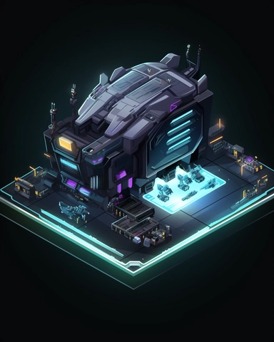 isometric perspective, game sprite, futuristic small spaceship hanger concept, gaming asset, sci-fi, fun, creative, cartoon, clipart, hyper-detailed, black background,