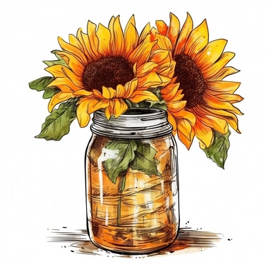 sunflower in a jar drawn in watercolor, vector design, cutout,Sublimation Clipart ,Cartoon,hyper realistic, intricate detail, illustration style,high solution,on the white background