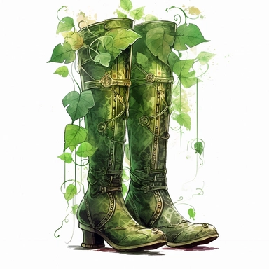 Steampunk styled woman long boots with watercolor effect,unrealistic fantastic,white background,suitable for digital cliparts,fantastic scene,high quality,leaves,ivy,green plants