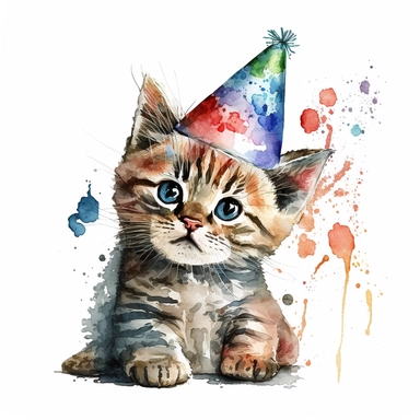 Cute funny cat in birthday hat watercolor clipart on white background