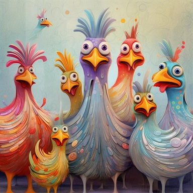 Whimsical magical wacky chickens, in a barnyard, muted colors, swirls, twists, twirls, metallic, glitter, stylized, funny, centered, airbrushed, digital oil, detailed illustration, clip art, cartoon, 8k,-- ar 9:8