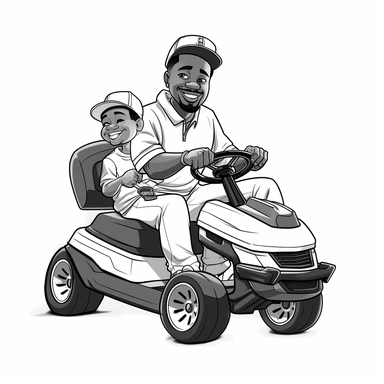 a black and white cartoon clip art for a logo of a black father and son riding on a lawn mower . the background all white,blank. the dad with only a mustache. both with baseball jersey and a low fadefor hair cut . all white background. no accessories