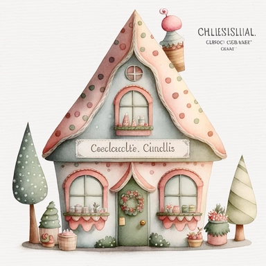 A watercolor painting of cute christmas workshop house, christmas elf workshop, christmas toy workshop, cute detailed digital art, inspired by nicoletta ceccoli, by Kubisi art, whimsical and cute, by nicoletta ceccoli, cute detailed artwork, glimmering, adorable and whimsical, whimsical art, Clipart style, png style, svg style, blank white background, a solid white background