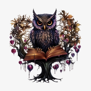 Watercolour dark fantasy black royal gothic deadly nightshade tree stood with dark magic books with deadly nightshade lanterns magnificent gothic owl stood on tree with mesmerising compelling features perfect magnificent detailed wings beautiful compelling realistic eyes PNG image ultra highly detailed, 18k, sharp focus, bright photo with rich colours digitally enhanced, enhanced graphics, straight, sharp focus, bright lighting, intricate detailed png image ,high definition,300dpi,graphic clipar