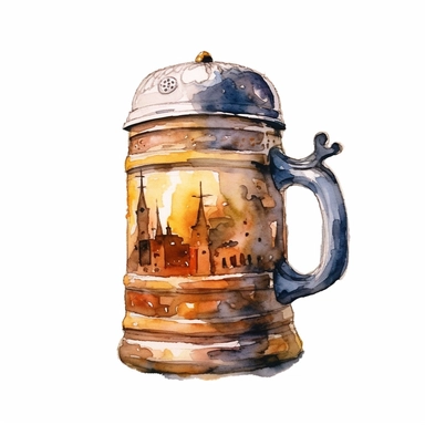 a Germany Beer Stein in the style of watercolour clipart with detailed brush strokes