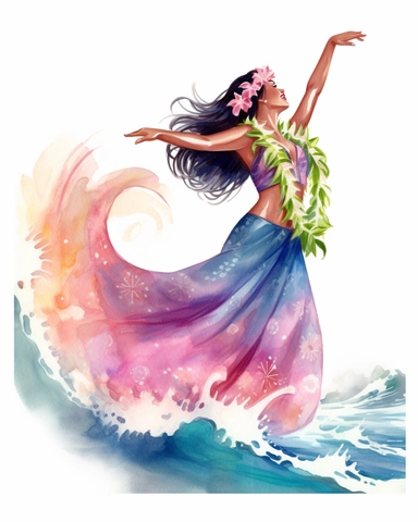 delicate watercolor pastel clipart of a Hawaiian hula dancer dancing in front of huge waves on the beach