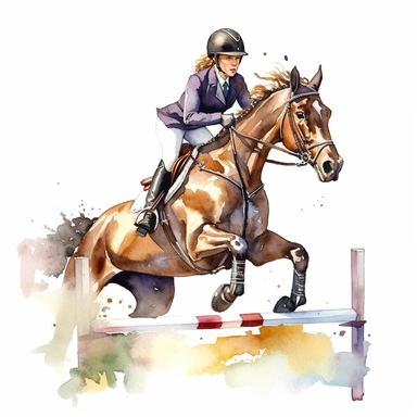 Takes horse jump lessons, highly detailed, watercolor, clipart, illustration, white background, digital painting, paper crafting, no signature, no text