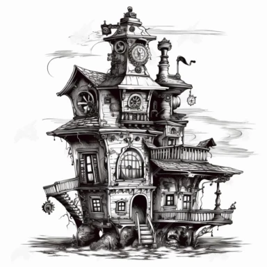 scary horror Steampunk one house Clipart, Retro Futuristic Victorian Era Art, white background