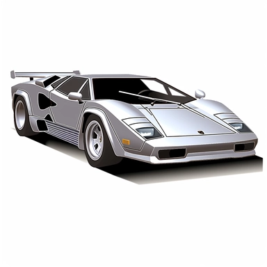 n clipart style, vector image, A meticulously crafted illustration of a silver 1975 Lamborghini Countach , highlighting its iconic design and graceful contours, placed against pure white background (style: evoking the accuracy and refinement of classic automobile blueprints) (lighting) (colors: an elegant palette for the car's body set against a pristine, white backdrop) (composition: captured from a side view or three-quarter angle using a 35mm lense ensuring enough space is between the car and