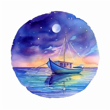 Nestled within a night holographic beach setting, a captivating scene unfolds, adorned with a charming boat gently floating upon the holographic water. Painted in the delightful strokes of a Watercolor Clipart style, this composition comes alive under the natural lighting, illuminating the vibrant and eye-popping colors. watercolor clipart. watercolor clipart. The beauty of this scene lies in its best view, allowing the viewer to fully appreciate the harmonious interplay between the holographic 