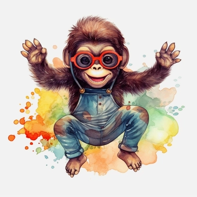 Ape baby with sunglasses jumping on a trampoline, clipart, watercolor, anime