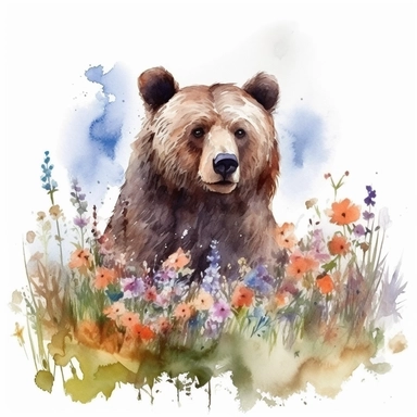 detailed watercolor clipart, photography style, beautiful bear, in a meadow, HDR, spring floral,self shadow, white background