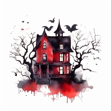 watercolor style, spooky halloween haunted house clipart, haunted house decorated in creepy Halloween style decor, whimsical Halloween witch house, isolated on white background, 4K, dark, night scene, red and black color scheme