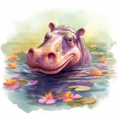 hippopotamus clipart, watercolor, in a lilly pond
