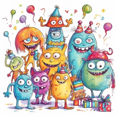 Cute monsters on birthday party clipart for childish cards and books, colorful, illustration style, on white background, detailed, hd